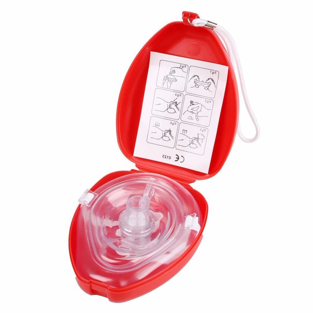 Maschera di ventilazione bocca a bocca con istruzioni per il primo soccorritore e scatola di trasporto